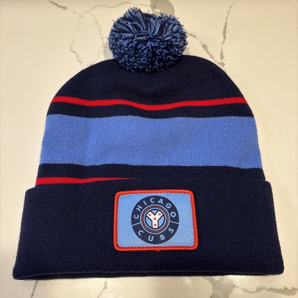 Chicago Cubs Jim Bean Knit Beanie Chicago City Flag Stocking Cap W/ Pom EUC